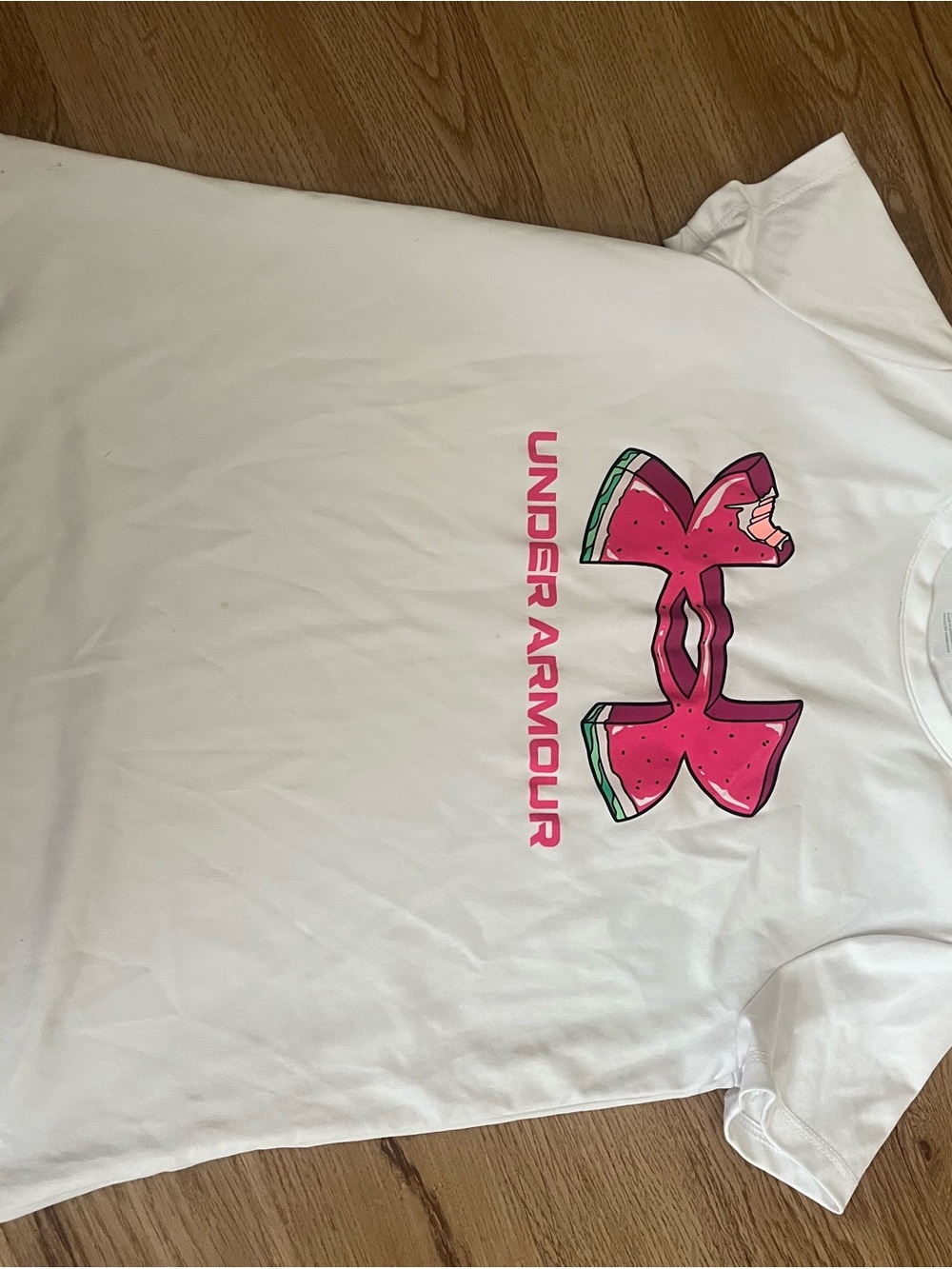 Under Armour Kids' White T-Shirt with Pink Logo with Very Not Noticeable Stain